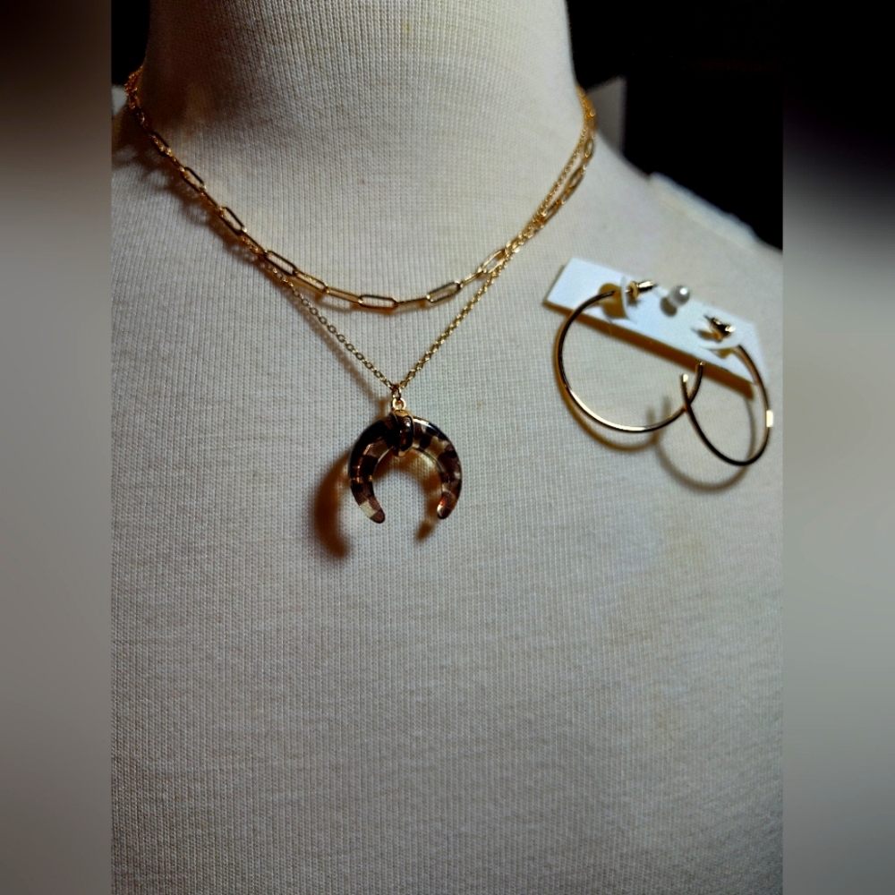 Gold and Brown Tortoise Necklace Earring Set. NWOT